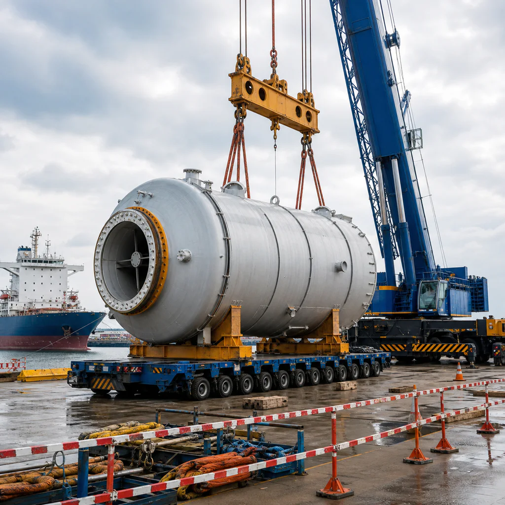 Oversized equipment lifting operation at a port