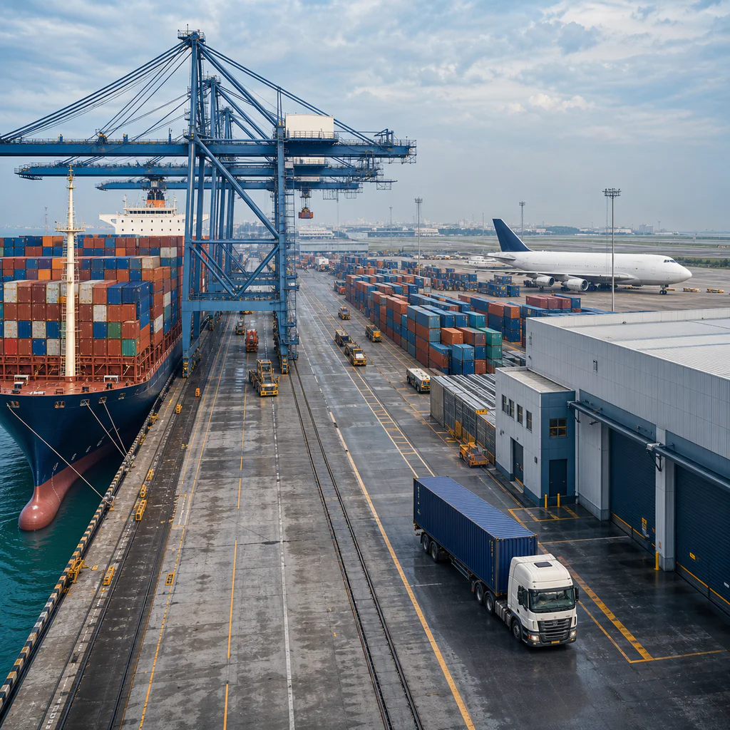 Integrated ocean, air, trucking, and warehousing logistics hub